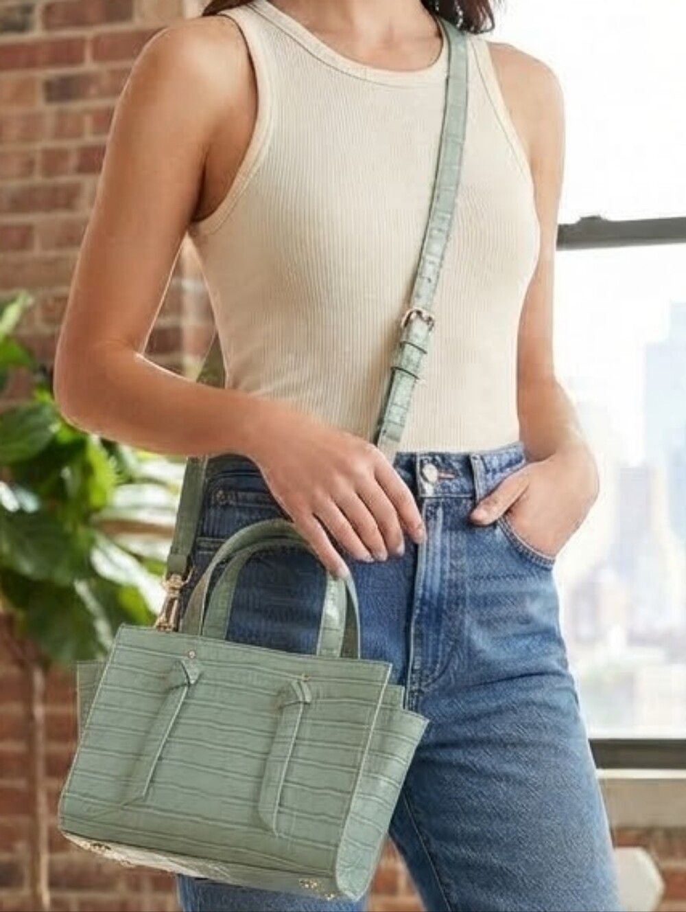Cato Sage Green Croc Embossed Mini Satchel Crossbody Bag Top Handle Purse